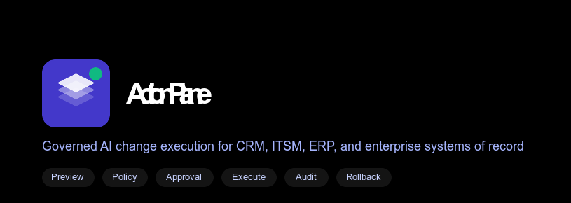 ActionPlane marketplace hero artwork showing governed AI change execution for CRM, ITSM, ERP, and systems of record.